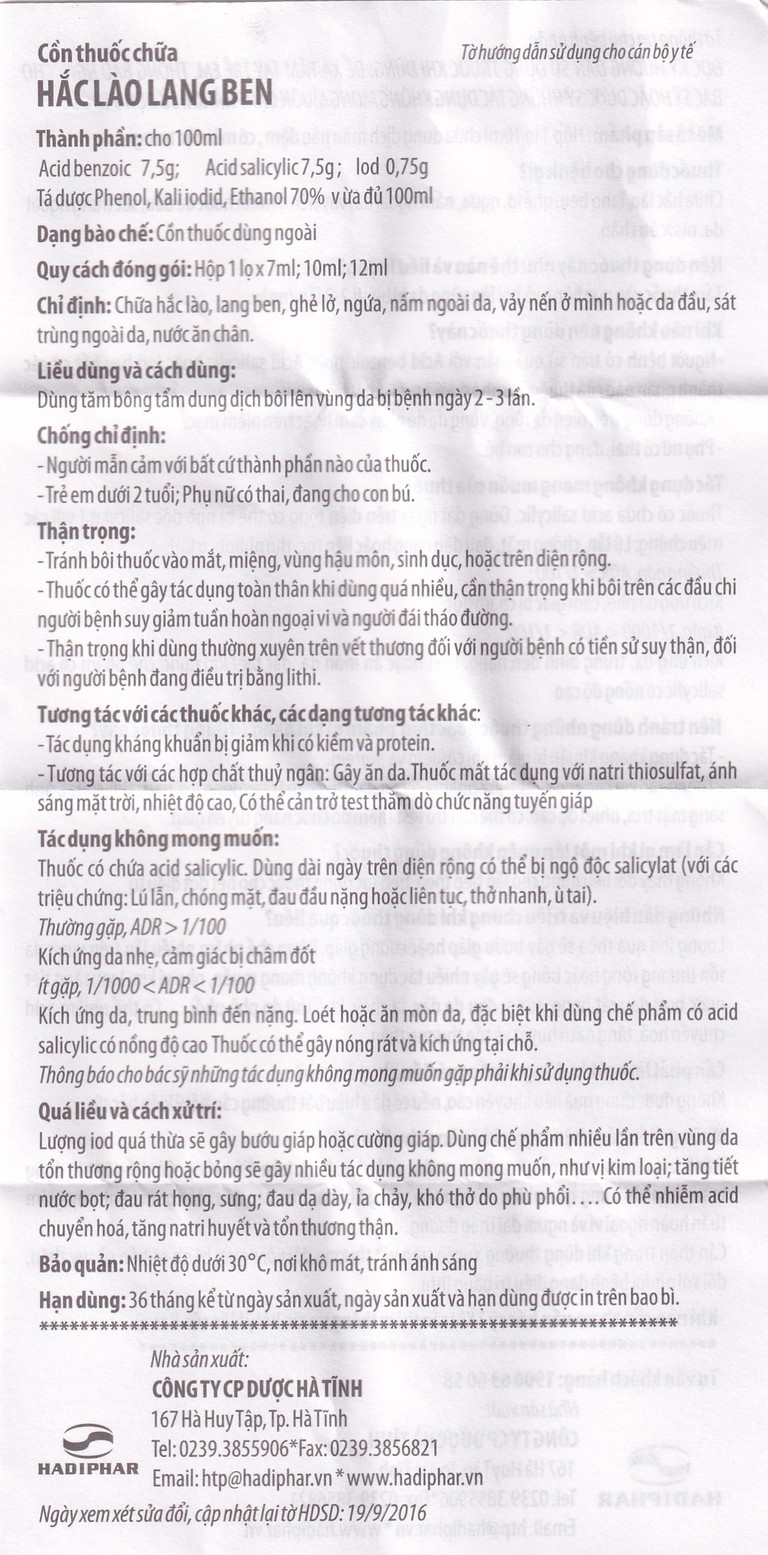 Cồn thuốc chữa Hắc Lào Lang Ben Hadiphar (10ml)