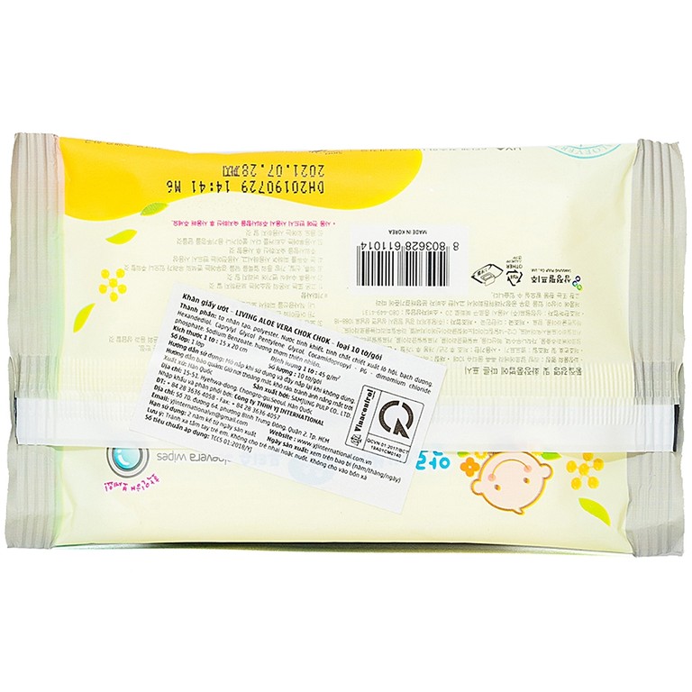 Khăn ướt Living Chok Chok Aloe Vera mềm mại, không xơ, an toàn (10 miếng)