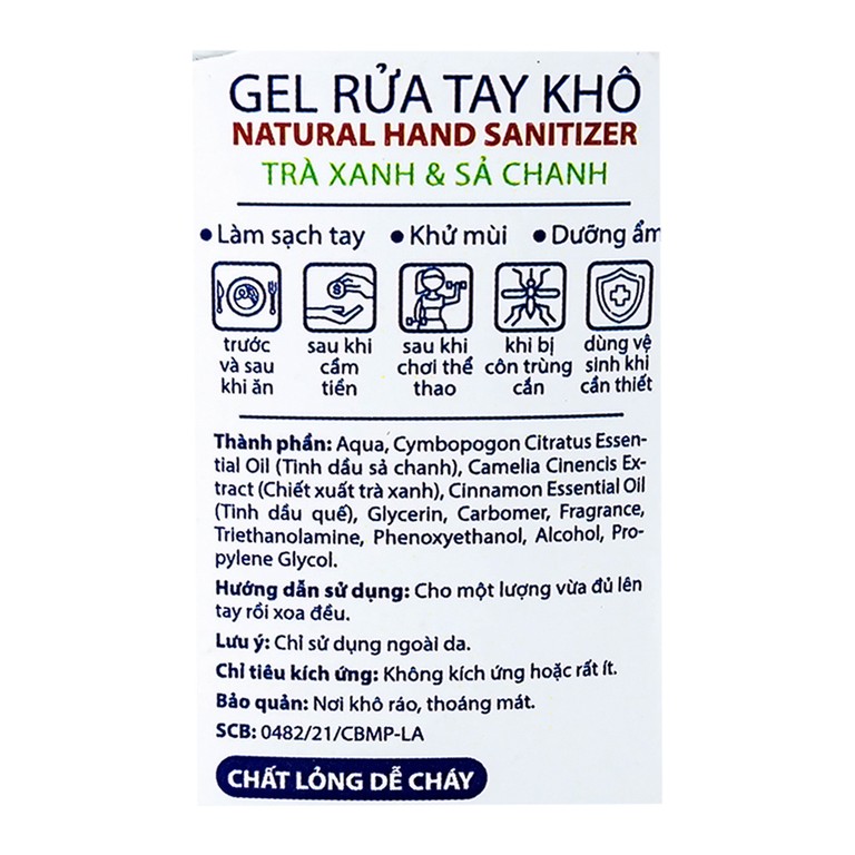 Gel rửa tay khô Natural Hand Sanitizer trà xanh và sả chanh làm sạch tay, khử mùi, dưỡng ẩm (100ml)