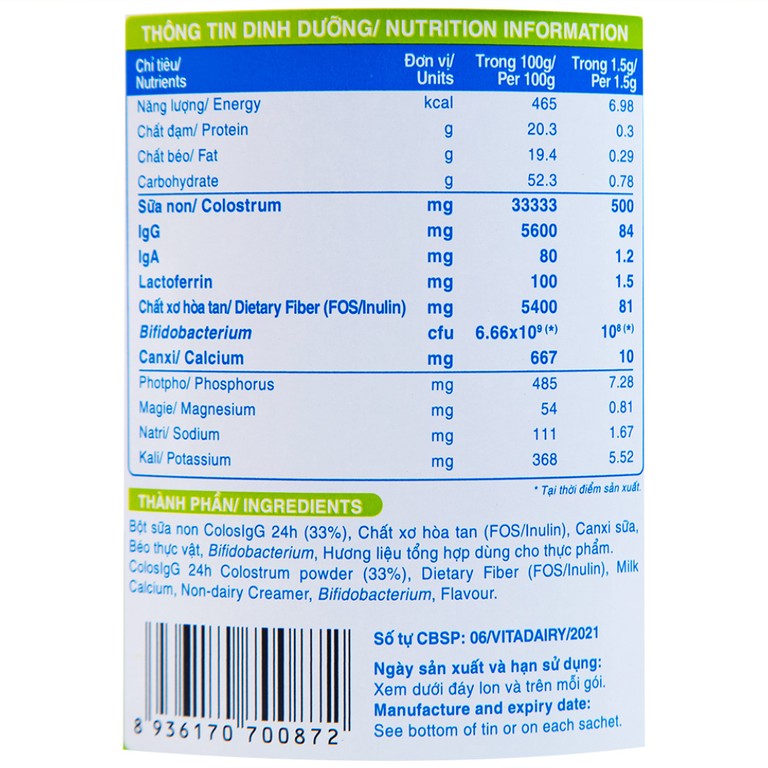 Sữa ColosIgG 24h Vitadairy hỗ trợ tăng cường miễn dịch và tiêu hóa (60 gói x 1.5g)