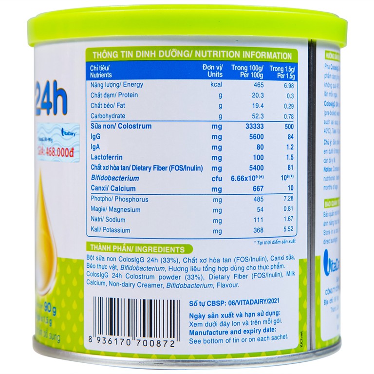 Sữa ColosIgG 24h Vitadairy hỗ trợ tăng cường miễn dịch và tiêu hóa (60 gói x 1.5g)