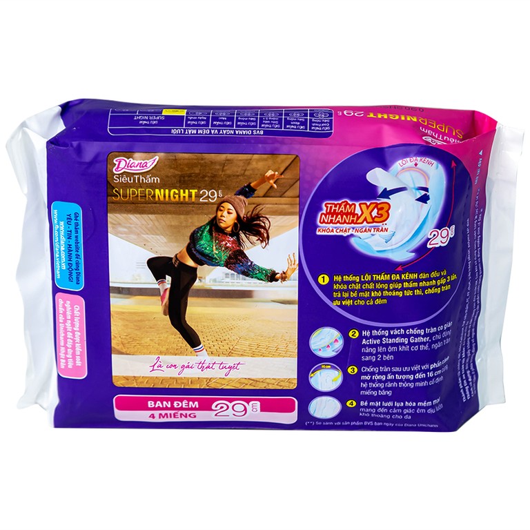 Băng vệ sinh ban đêm Diana Siêu Thấm Super Night thấm nhanh gấp 3 lần (4 miếng)