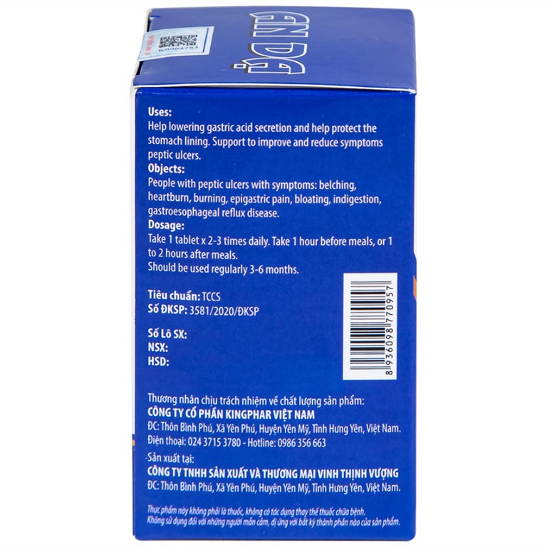 Viên uống An Dạ Kingphar hỗ trợ giảm chứng đau rát vùng thượng vị, xung huyết hang vị (60 viên)