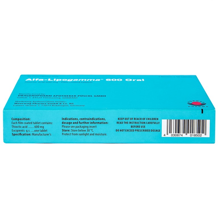 Thuốc Alfa-Lipogamma 600 Oral Worwag hỗ trợ điều trị đa thần kinh đái tháo đường (3 vỉ x 10 viên)