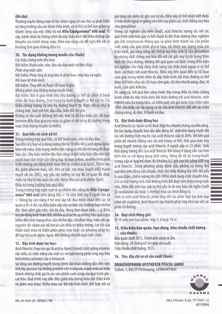 Thuốc Alfa-Lipogamma 600 Oral Worwag hỗ trợ điều trị đa thần kinh đái tháo đường (3 vỉ x 10 viên)