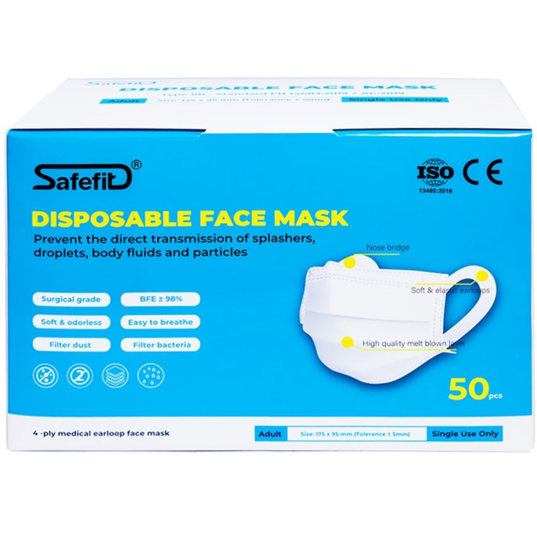 Khẩu trang y tế Safefit màu xanh 4 lớp hỗ trợ ngăn khói, bụi, kháng khuẩn (50 cái)