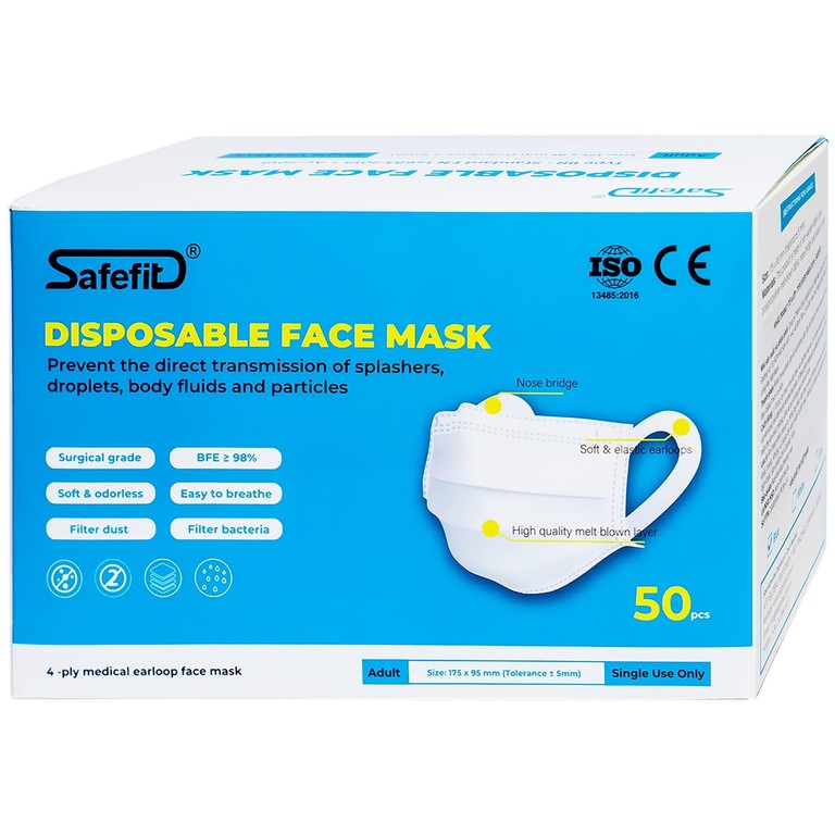 Khẩu trang y tế Safefit màu xanh 4 lớp hỗ trợ ngăn khói, bụi, kháng khuẩn (50 cái)