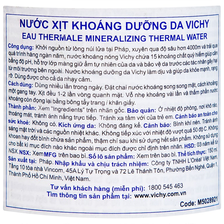 Xịt khoáng Vichy Eau Thermale Mineralizing Thermal Water cung cấp độ ẩm, làm dịu da (150ml)