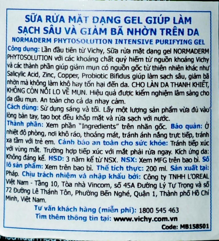 Sữa rửa mặt dạng gel giúp làm sạch sâu và giảm bã nhờn trên da Vichy Normaderm Phytosolution Intensive Purifying Gel (200ml)