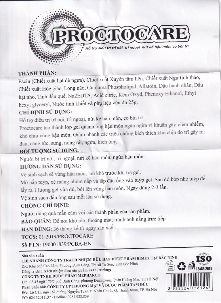 Gel bôi Proctocare Bimex hỗ trợ điều trị trĩ nội, trĩ ngoại, nứt kẽ hậu môn, co búi trĩ (25g)