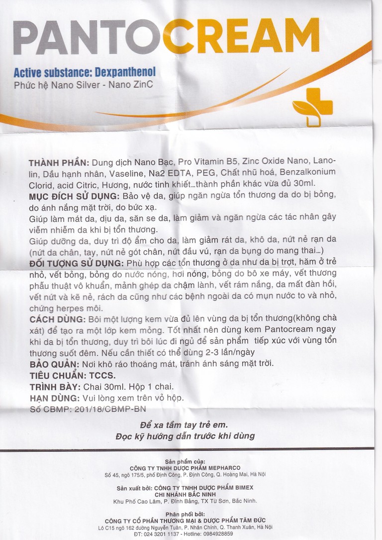 Kem Panto Cream Nano Silver - ZinC đặc trị bỏng (30ml)