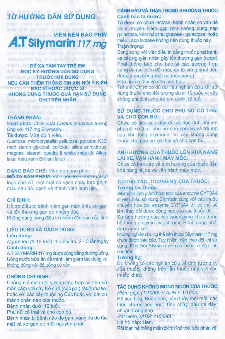 Thuốc A.T Silymarin 117mg An Thiên hỗ trợ điều trị bệnh viêm gan mạn tính, xơ gan (3 vỉ x 10 viên)