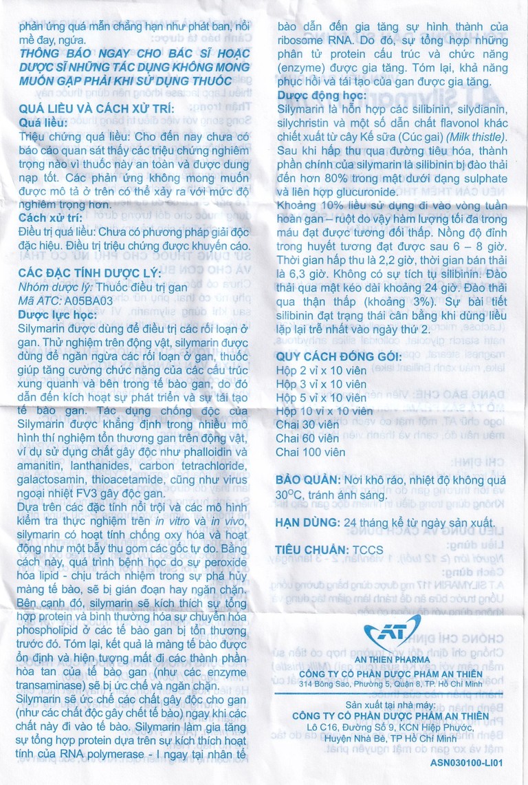 Thuốc A.T Silymarin 117mg An Thiên hỗ trợ điều trị bệnh viêm gan mạn tính, xơ gan (3 vỉ x 10 viên)