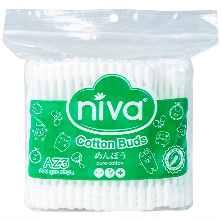 Tăm bông thân nhựa Niva AZ3 túi zip 1 đầu tròn 1 đầu xoắn vệ sinh tai, mũi, vết thương (200 que)