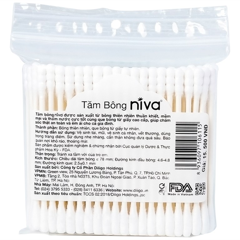 Tăm bông Niva AZP2 Paper Cotton Buds túi zip 1 đầu tròn 1 đầu xoắn vệ sinh tai, mũi, vết thương (100 que)