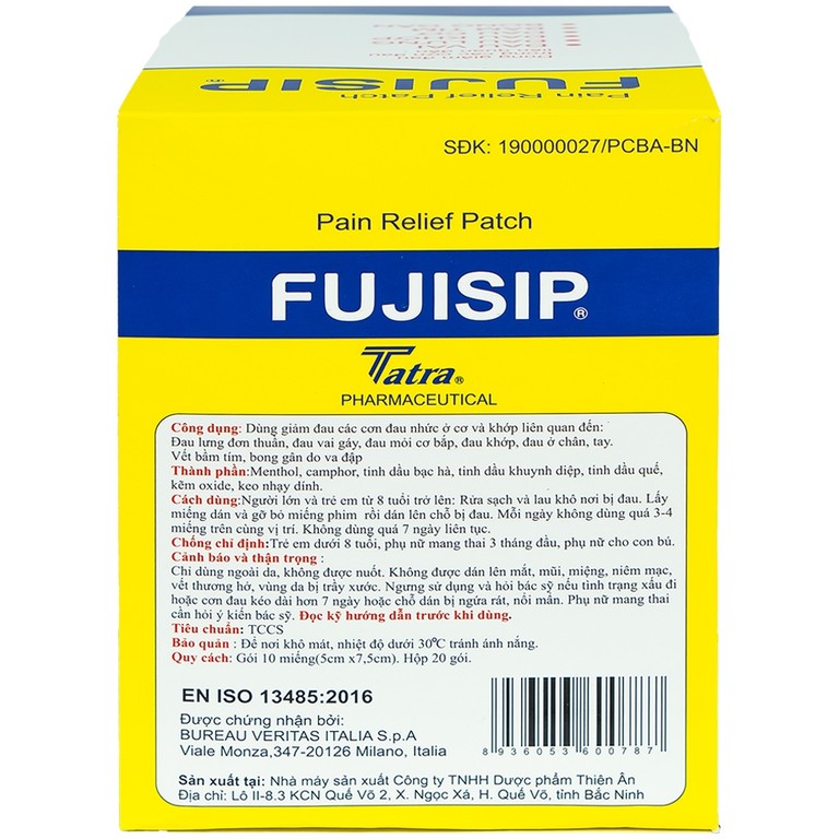 Cao dán giảm đau Fujisip 5cm x 7,5cm Thiên Ân giảm đau vai, đau lưng, đau khớp (10 miếng )
