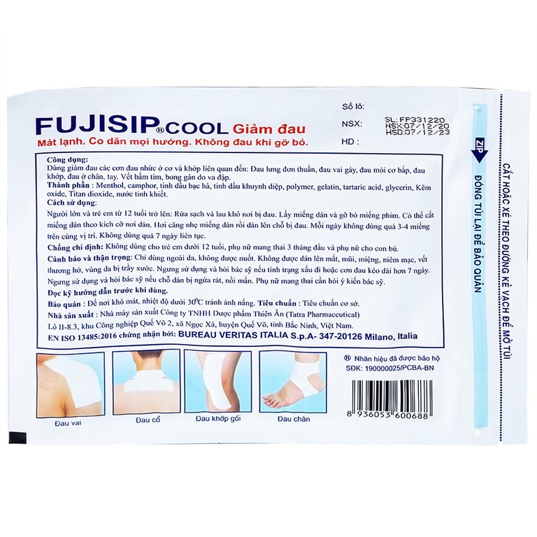 Cao dán Fujisip Cool Thiên Ân giảm đau cơ, đau khớp, đau vai gáy, đau lưng (10 túi)