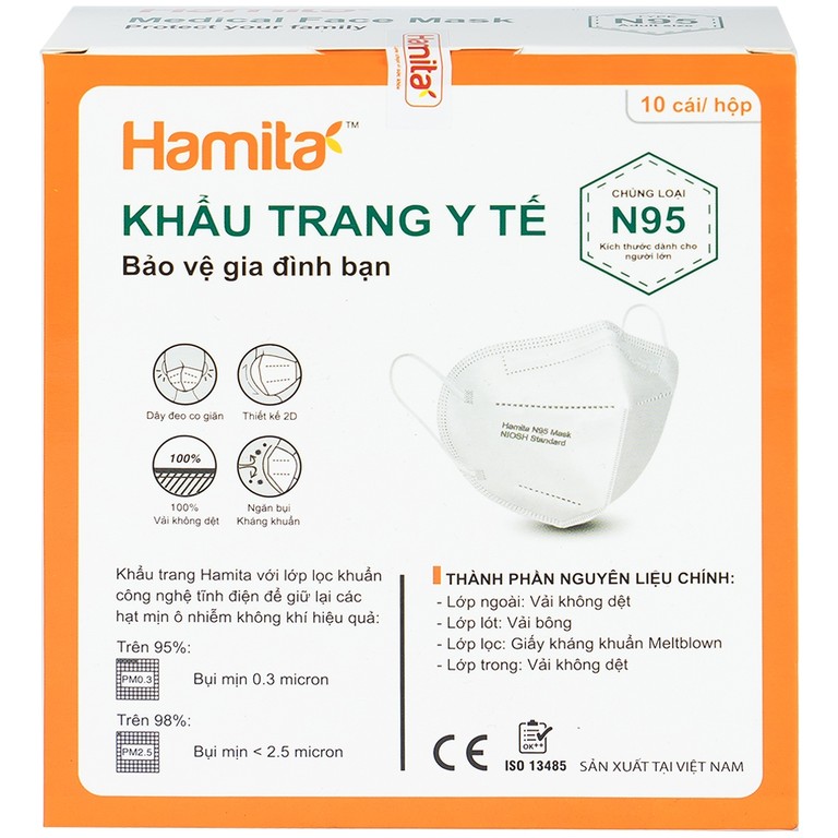 Khẩu trang N95 Hamita ngăn bụi, kháng khuẩn (10 cái)