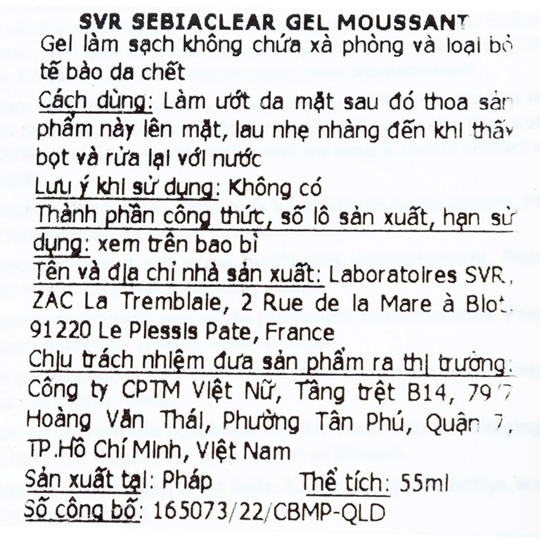 Gel rửa mặt và loại bỏ tế bào chết không chứa xà phòng SVR Sebiaclear Gel Moussant (55ml)