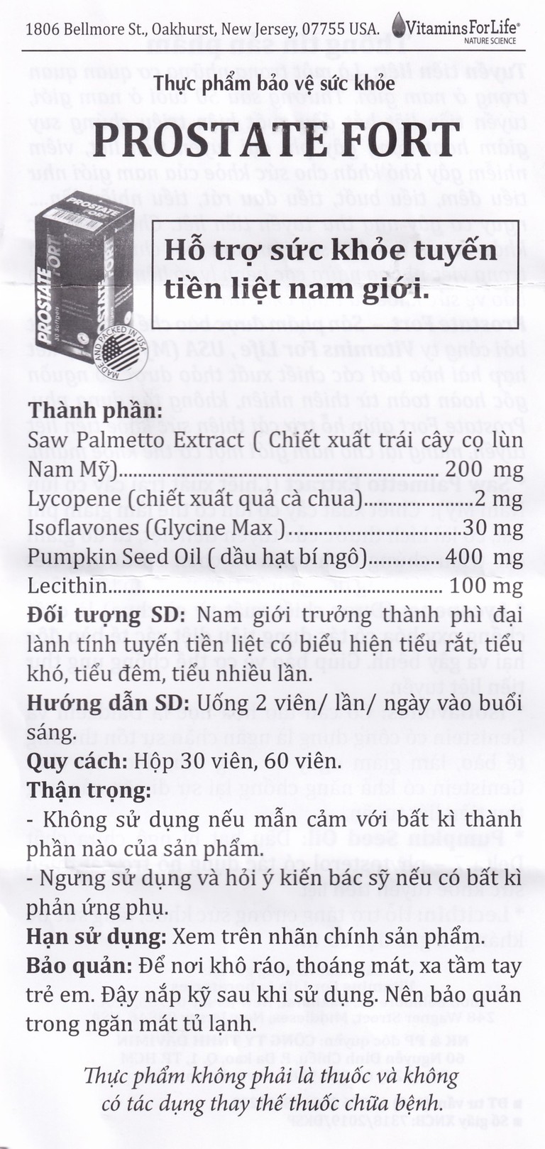 Viên uống Prostate Fort Vitamins For Life hỗ trợ sức khỏe tuyến tiền liệt nam giới (30 viên)