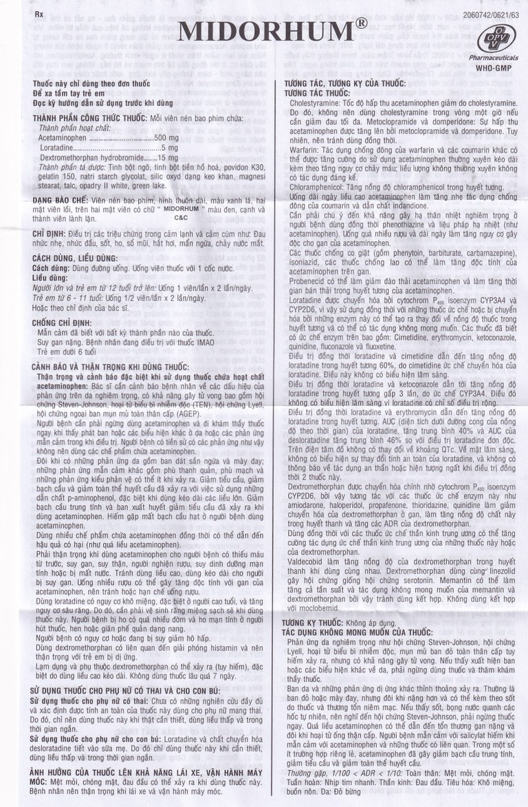 Viên nén Midorhum OPV hạ sốt, giảm ho, giảm đau, chống dị ứng (10 vỉ x 10 viên)