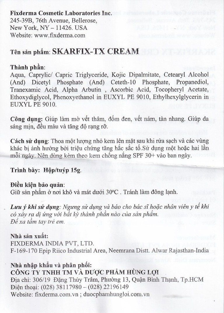 Kem bôi Fixderma Skarfix TX Cream giúp làm mờ vết thâm, đốm đen, vết nám, tàn nhang (15g)