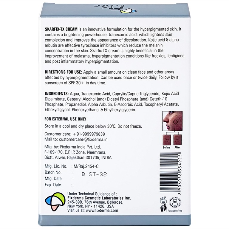 Kem bôi Fixderma Skarfix TX Cream giúp làm mờ vết thâm, đốm đen, vết nám, tàn nhang (15g)