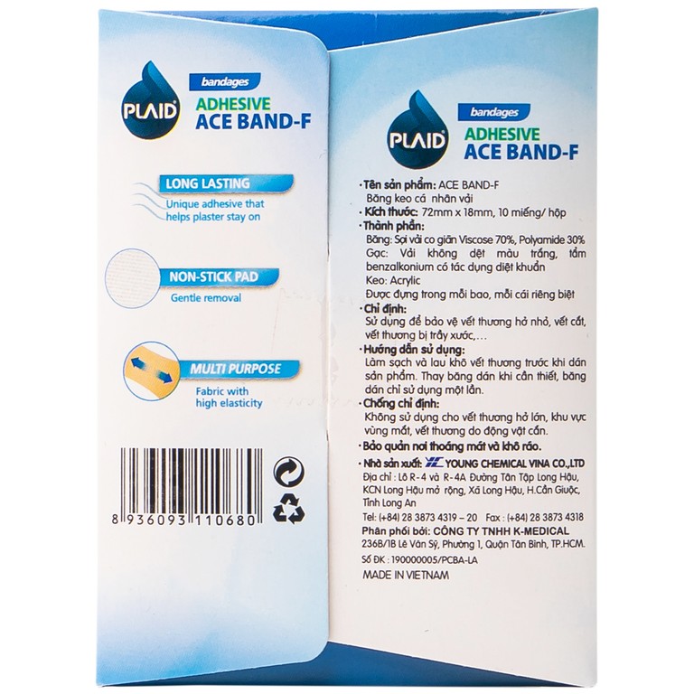 Băng keo cá nhân vải Ace Band-F 72mm x 18mm Young Chemical bảo vệ vết thương (10 miếng)