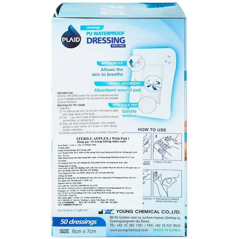 Băng gạc vô trùng không thấm nước Sterile Adflex (With-Pad) 6cm x 7cm Young Chemical hỗ trợ bảo vệ vết thương (50 miếng)