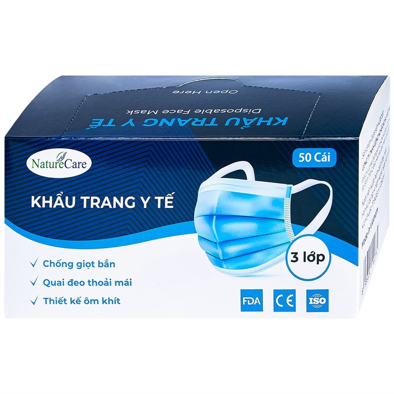 Khẩu trang y tế Naturecare màu xanh 3 lớp hỗ trợ ngăn khói, bụi, kháng khuẩn (50 cái)