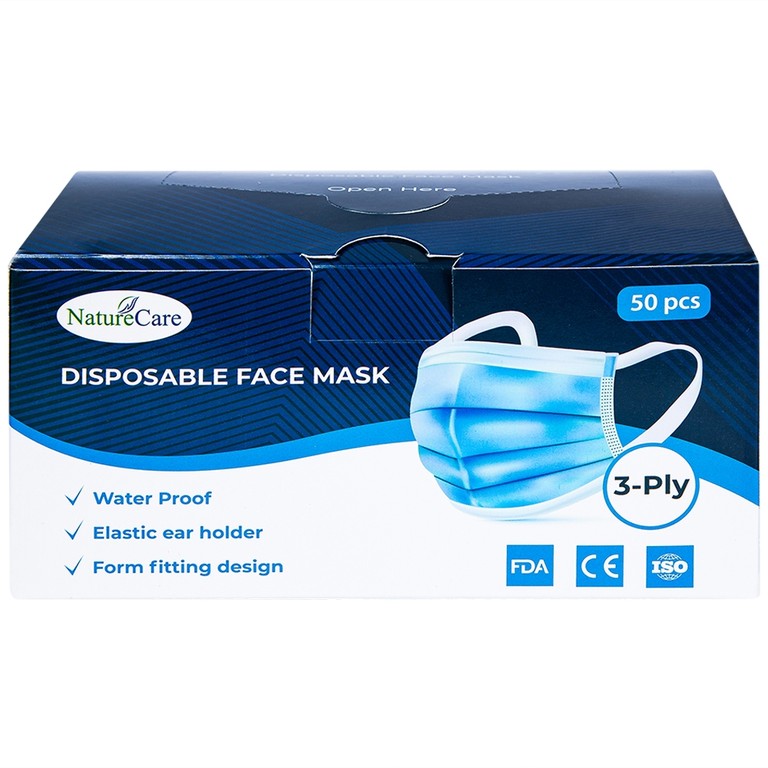 Khẩu trang y tế Naturecare màu xanh 3 lớp hỗ trợ ngăn khói, bụi, kháng khuẩn (50 cái)