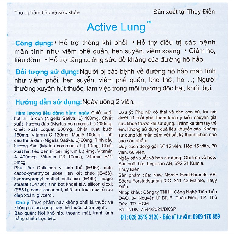 Viên uống Active Lung New Nordic hỗ trợ thông khí phổi, viêm phế quản, hen suyễn (2 vỉ x 15 viên)