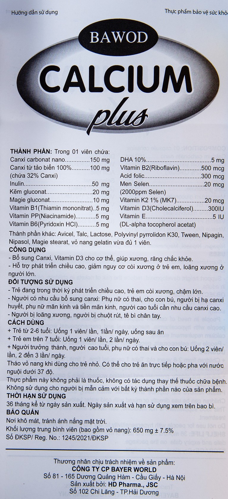 Viên uống Bawod Calcium Plus bổ sung canxi, vitamin D3 giúp răng, xương chắc khỏe (60 viên)