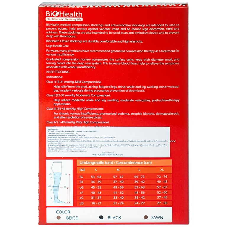Vớ gối y khoa Medical Compression Stocking Model Classic I Biohealth màu da size M điều trị giãn tĩnh mạch chân
