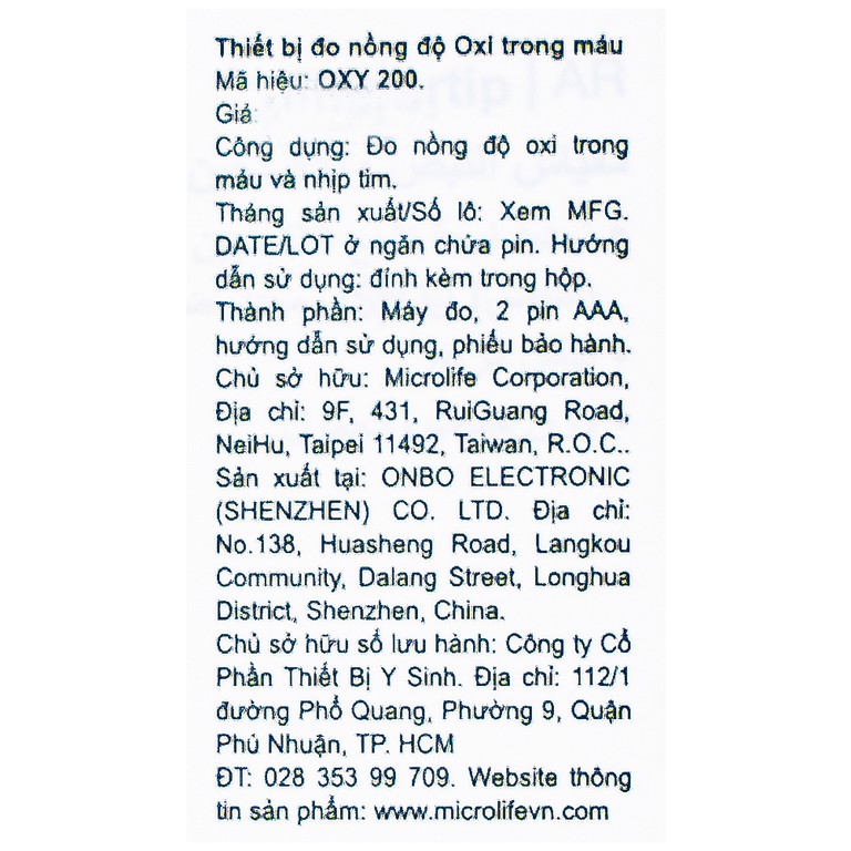 Máy đo nồng độ oxy trong máu Microlife Oxy 200 hỗ trợ đo nhanh chóng và chính xác