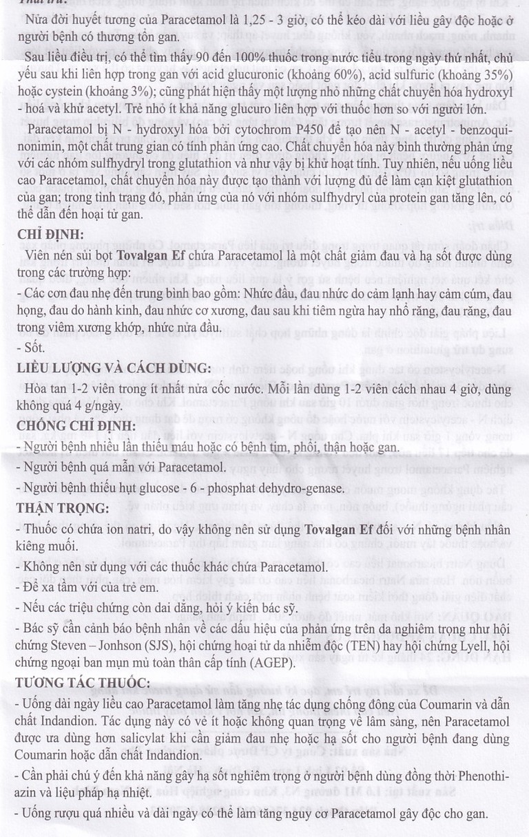 Viên sủi Tovalgan Ef Trường Thọ Pharma giảm đau, hạ sốt (5 vỉ x 4 viên)