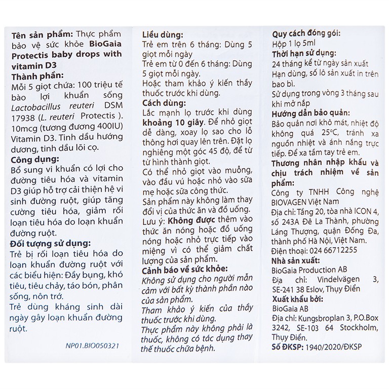 Men vi sinh BioGaia Protectis Baby Drops Vitamin D3 bổ sung lợi khuẩn cho đường tiêu hóa và vitamin D (5ml)