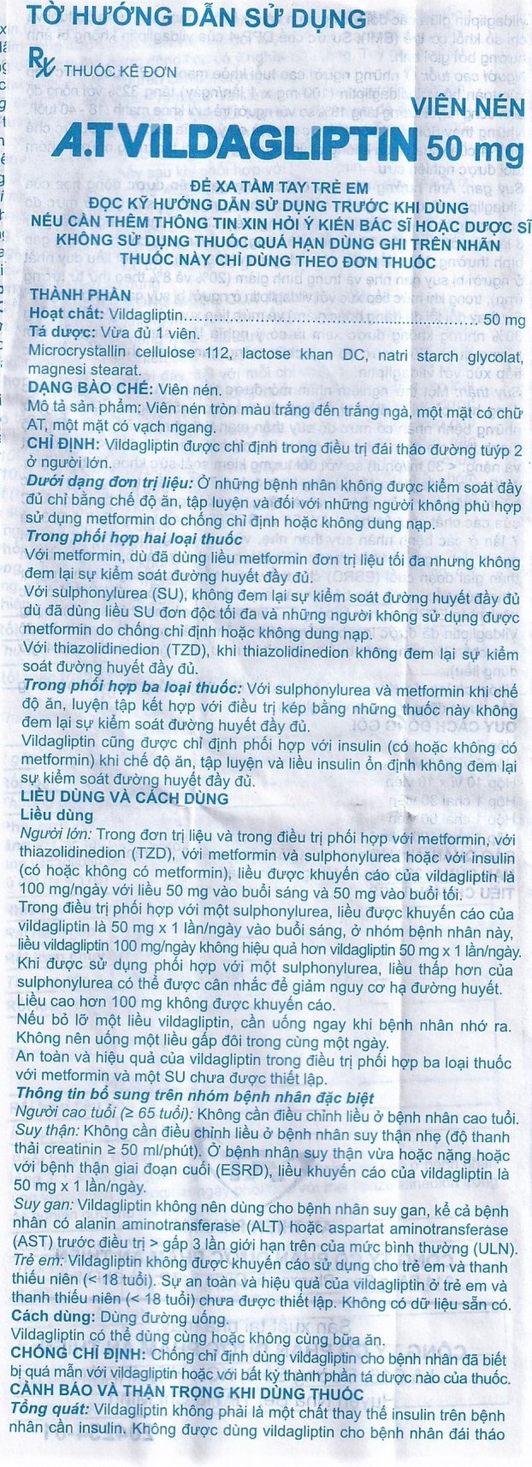 Thuốc A.T Vildagliptin 50mg An Thiên điều trị đái tháo đường típ 2 (3 vỉ x 10 viên)