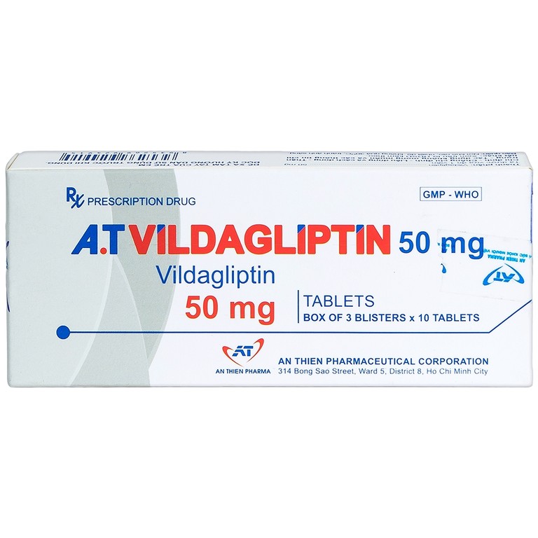 Thuốc A.T Vildagliptin 50mg An Thiên điều trị đái tháo đường típ 2 (3 vỉ x 10 viên)