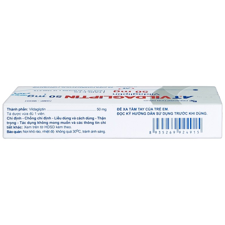 Thuốc A.T Vildagliptin 50mg An Thiên điều trị đái tháo đường típ 2 (3 vỉ x 10 viên)