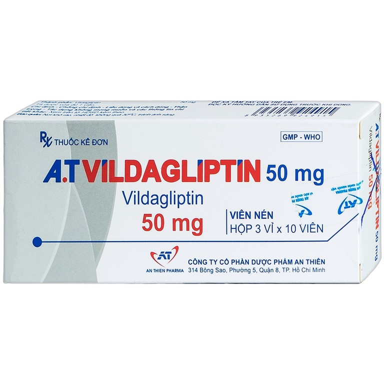 Thuốc A.T Vildagliptin 50mg An Thiên điều trị đái tháo đường típ 2 (3 vỉ x 10 viên)
