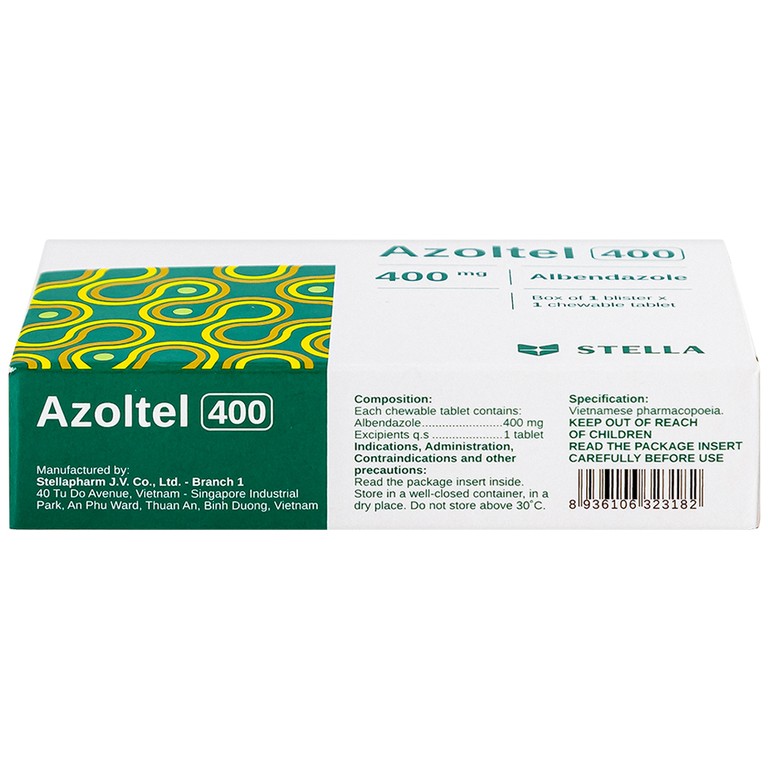 Thuốc Azoltel 400mg Stella điều trị nhiễm một hoặc nhiều loại ký sinh trùng đường ruột (1 viên)