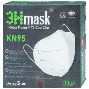 Khẩu trang y tế cao cấp 3Hmask KN95 Vĩnh Tiến màu trắng hỗ trợ ngăn khói, bụi, kháng khuẩn (10 cái)