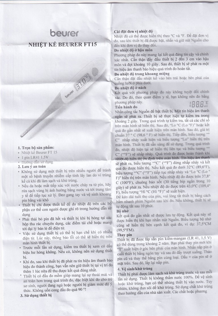 Nhiệt kế đầu mềm Beurer FT15 đo nhiệt độ nhanh trong khoảng 10 giây
