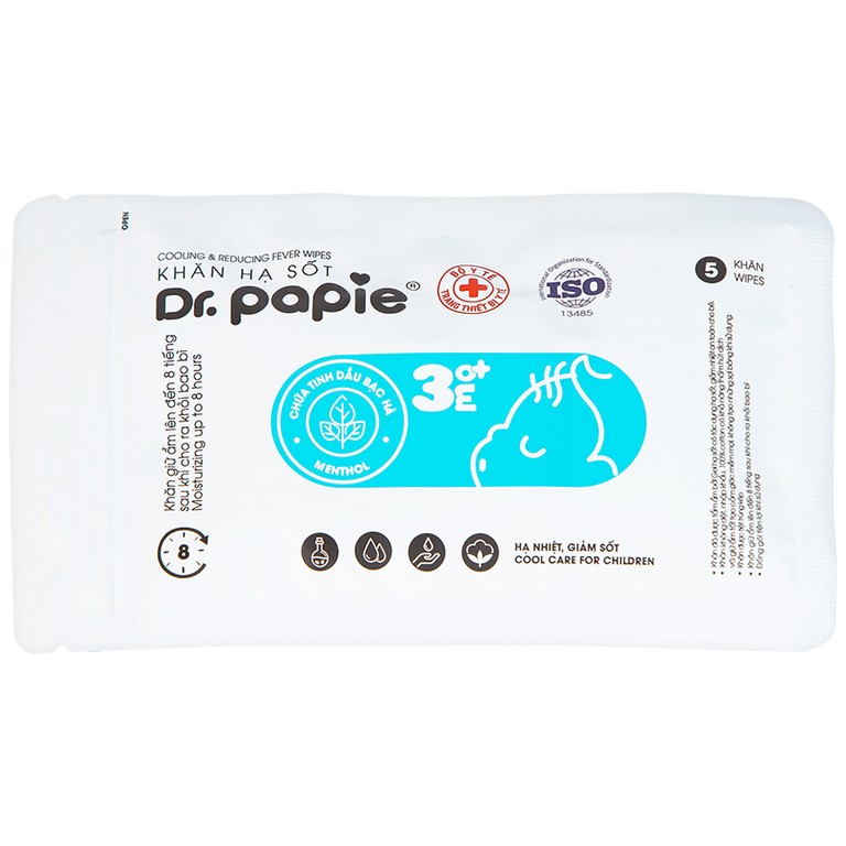 Khăn hạ sốt Dr.Papie 3M0+ hỗ trợ hạ nhiệt giảm sốt (5 túi x 5 khăn)