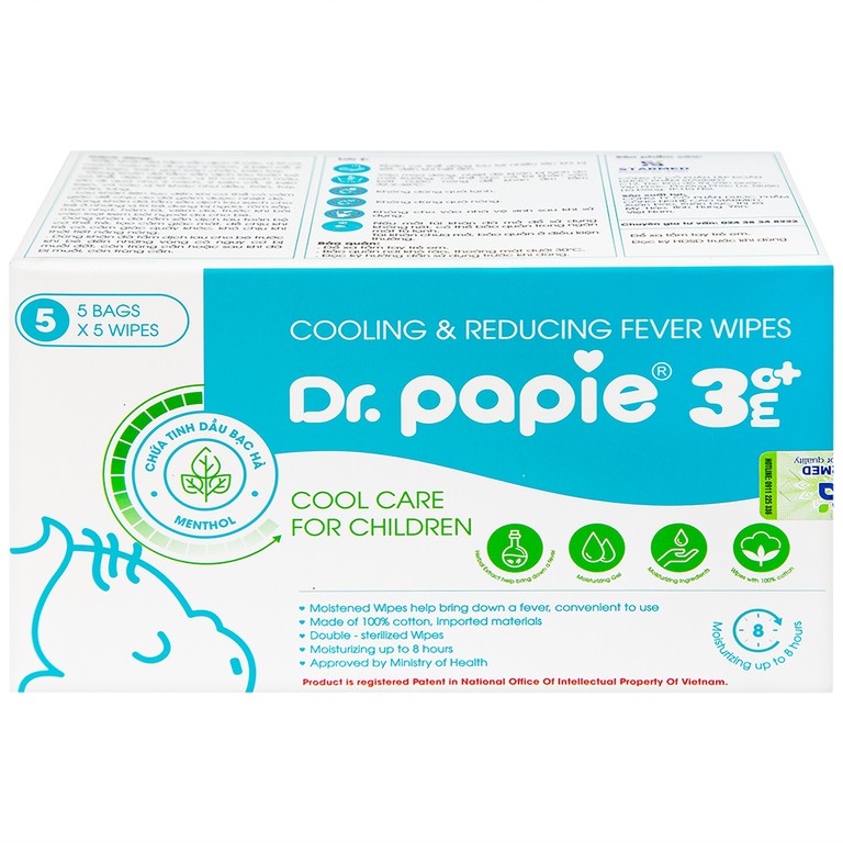 Khăn hạ sốt Dr.Papie 3M0+ hỗ trợ hạ nhiệt giảm sốt (5 túi x 5 khăn)