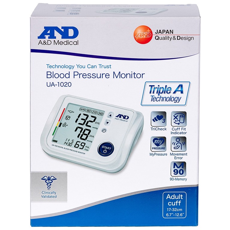 Máy đo huyết áp bắp tay tự động AND UA-1020 hỗ trợ đo huyết áp và nhịp tim
