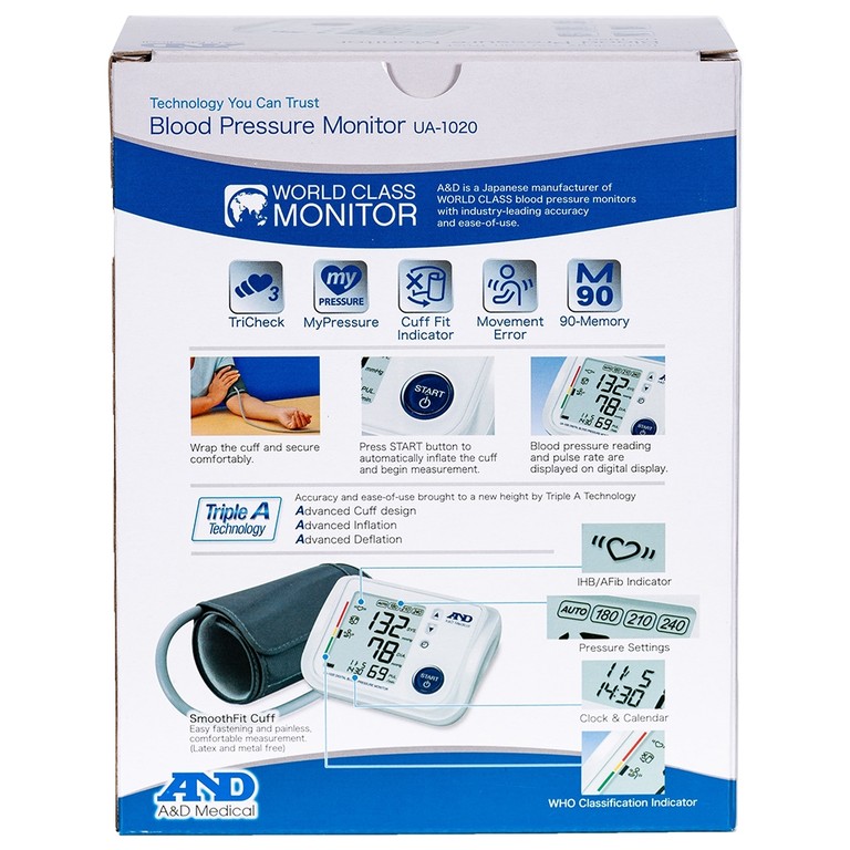 Máy đo huyết áp bắp tay tự động AND UA-1020 hỗ trợ đo huyết áp và nhịp tim