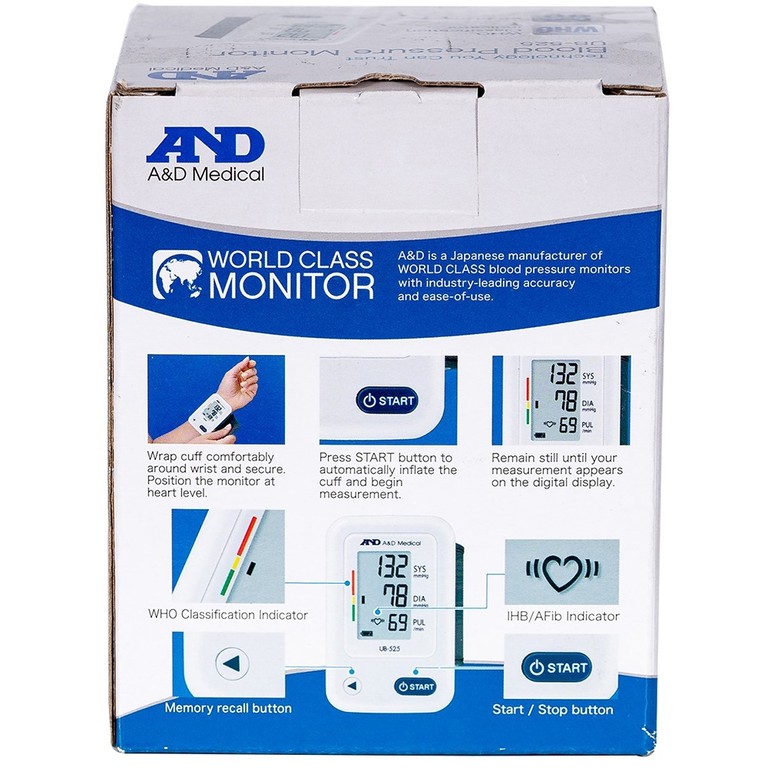 Máy đo huyết áp cổ tay tự động AND UB-525 hỗ trợ đo huyết áp và nhịp tim