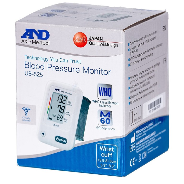 Máy đo huyết áp cổ tay tự động AND UB-525 hỗ trợ đo huyết áp và nhịp tim